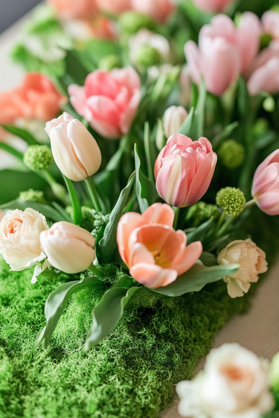 Soft pink tulips and roses on a bed of green moss