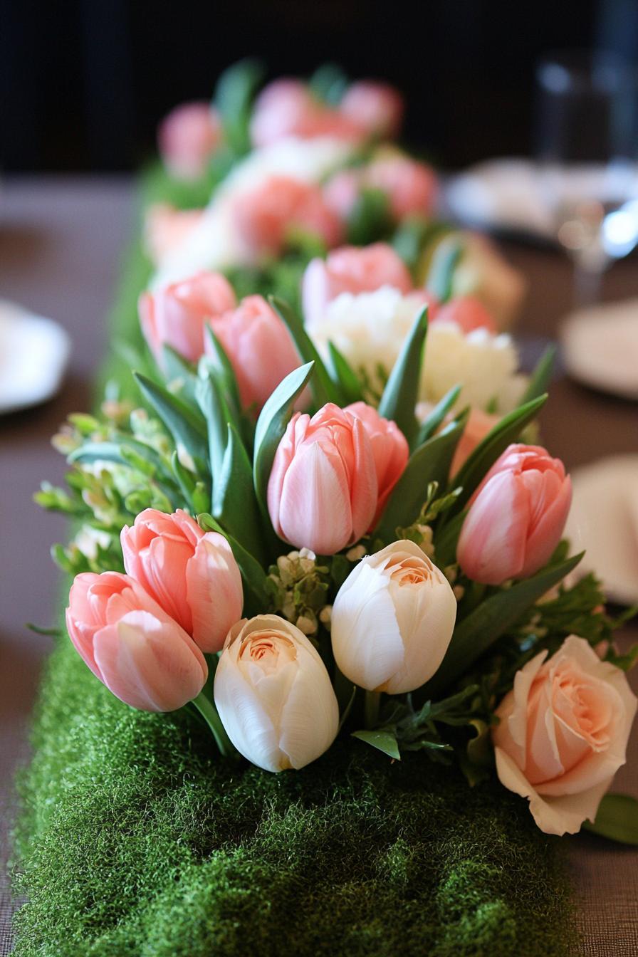 Pink and white tulips in a lush green arrangement