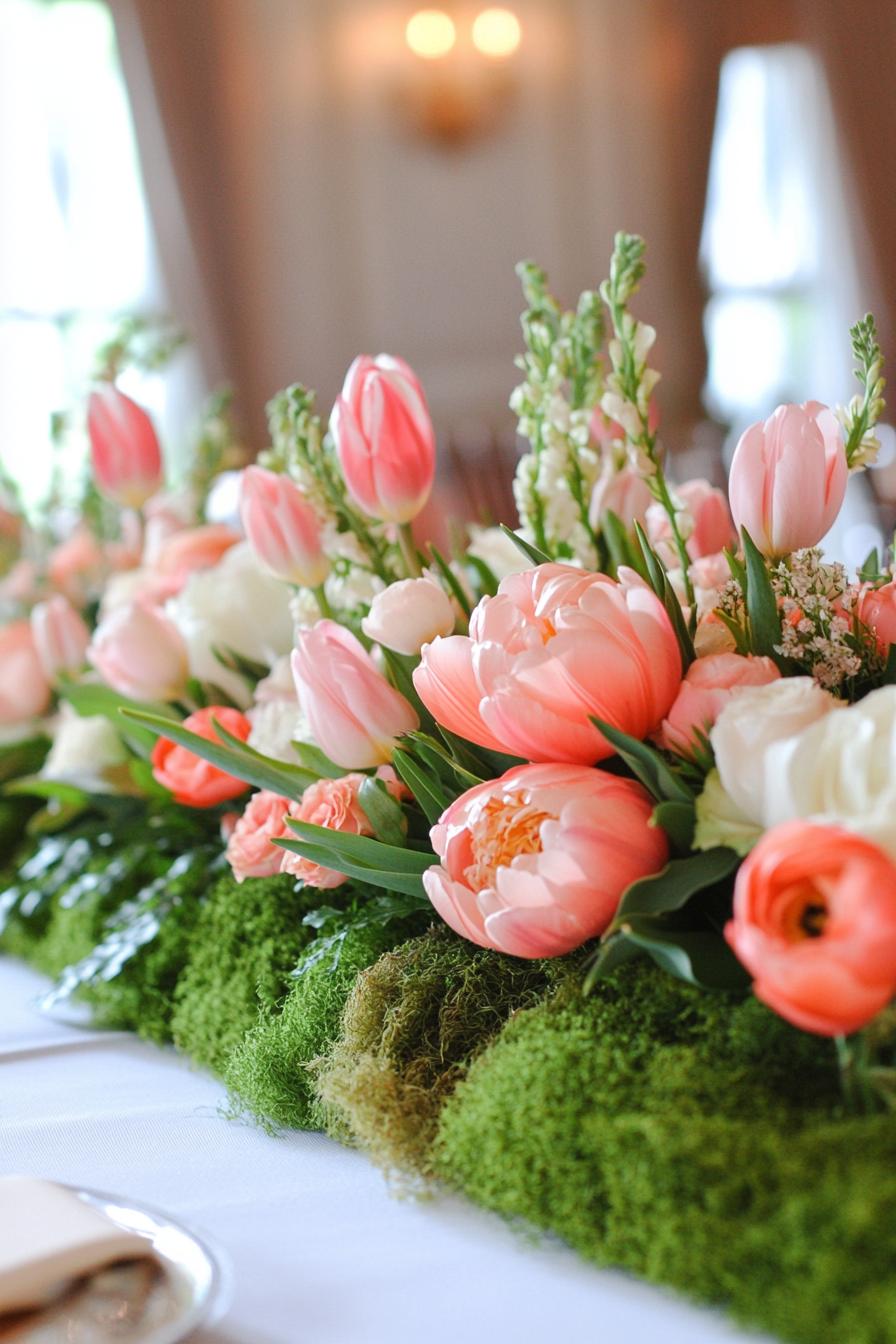 Spring floral arrangement with pink tulips and lush greenery