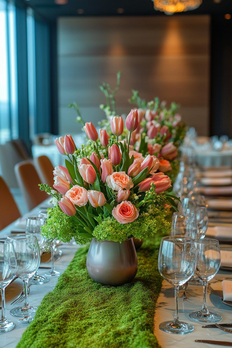 Colorful tulips and roses in vases on a decorated reception table