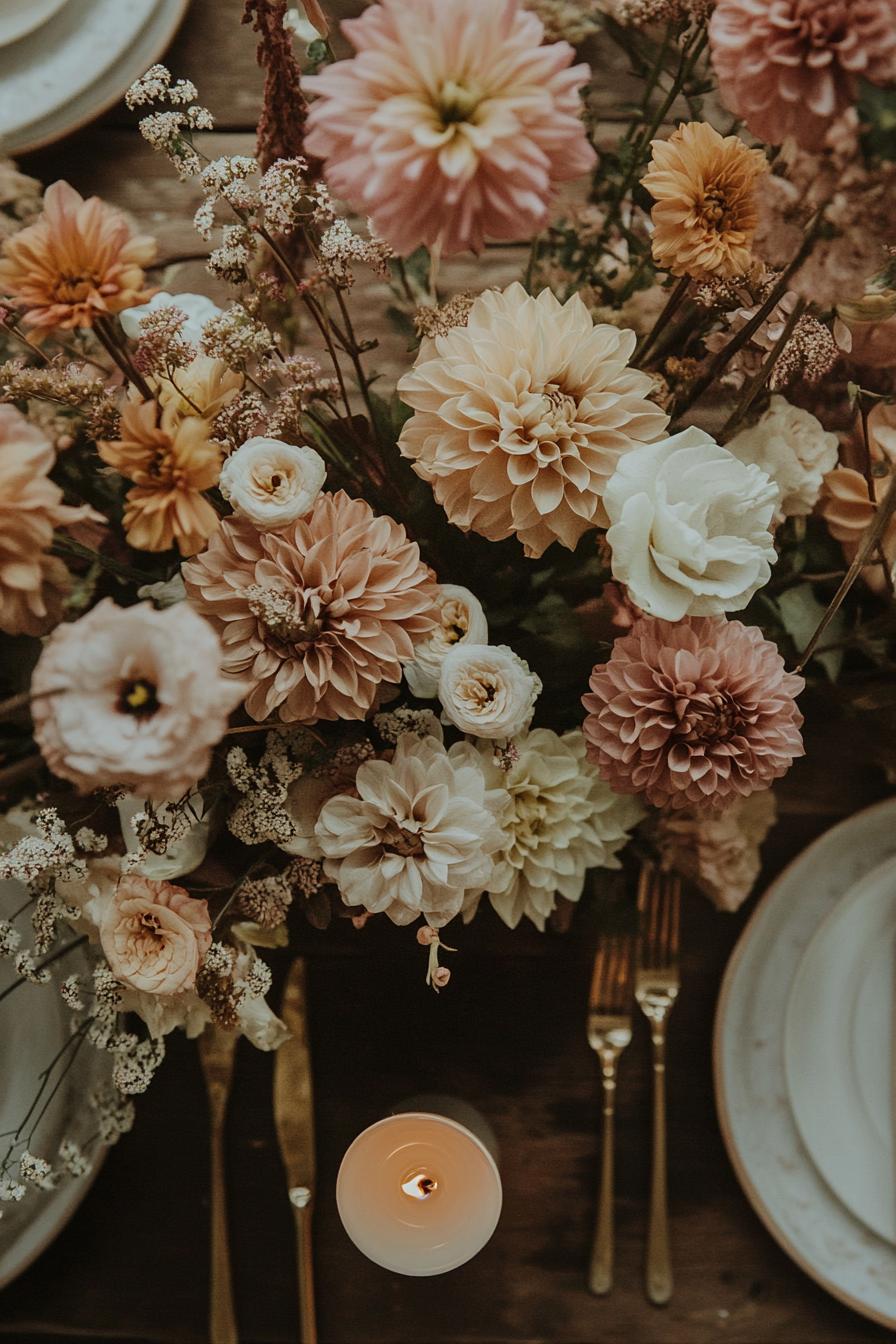 Elegant flowers with tableware and candle