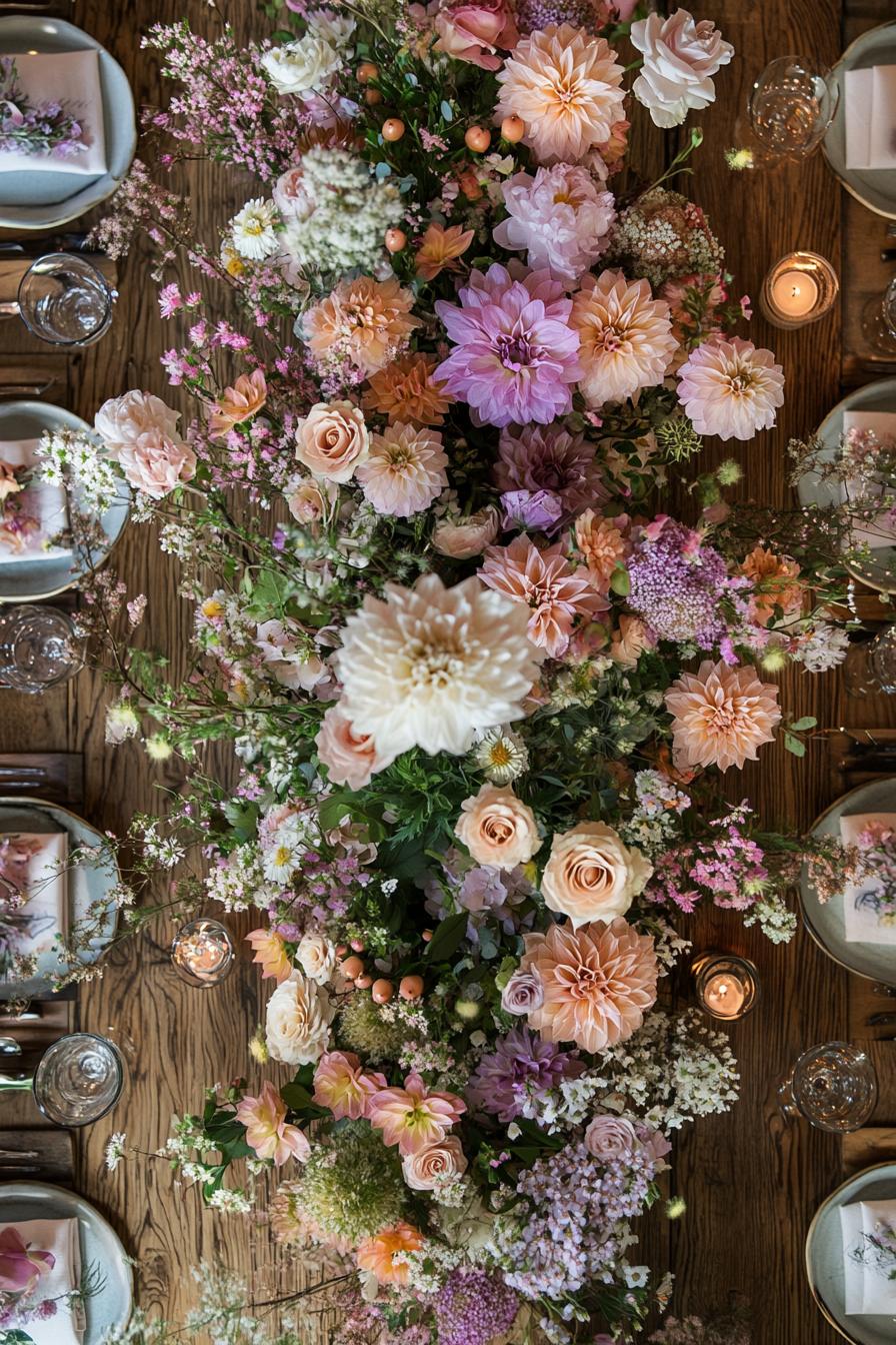 Lush bouquet of pink, peach, and purple flowers arranged on a wooden table