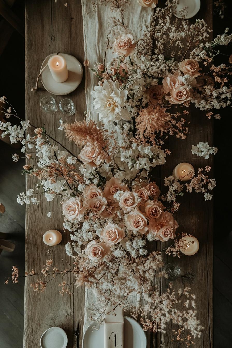 Rustic wedding table with candles and blush flowers