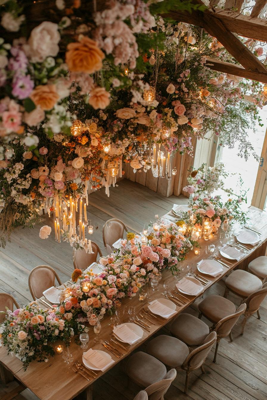 Elegant wedding table with lush floral arrangements and chandeliers