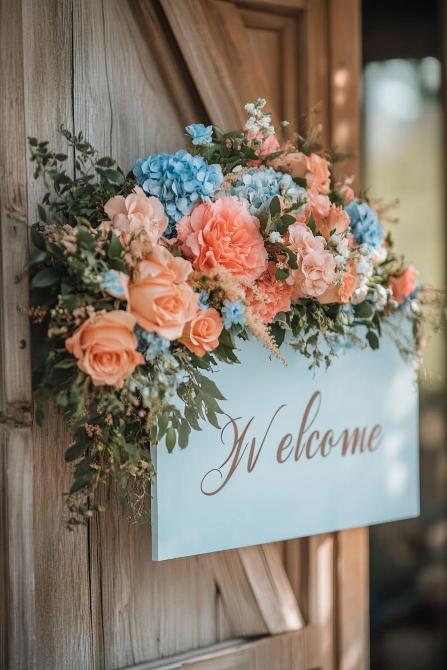 A vibrant floral welcome sign with pastel blooms