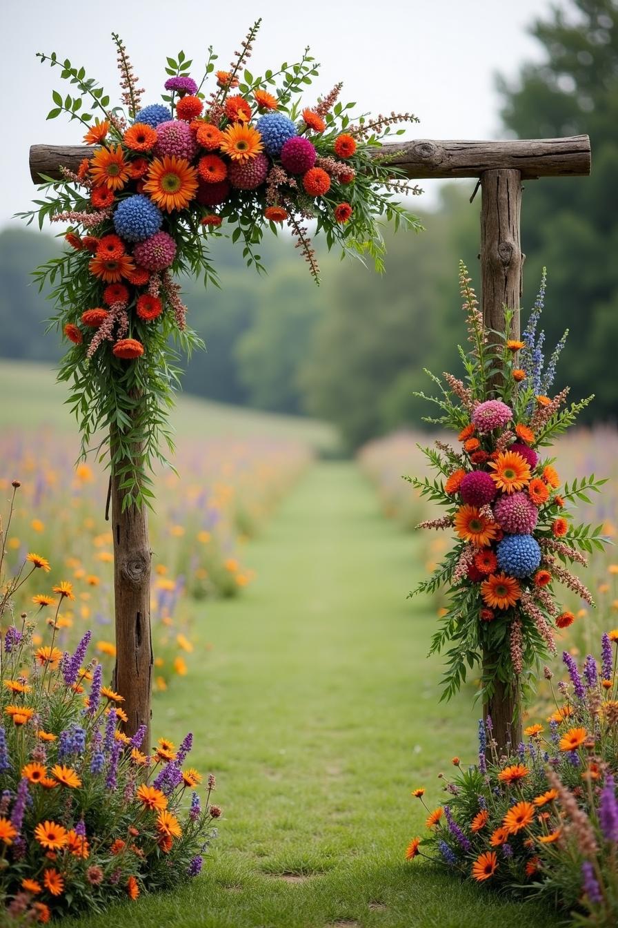 Colorful flower arch with an open field background