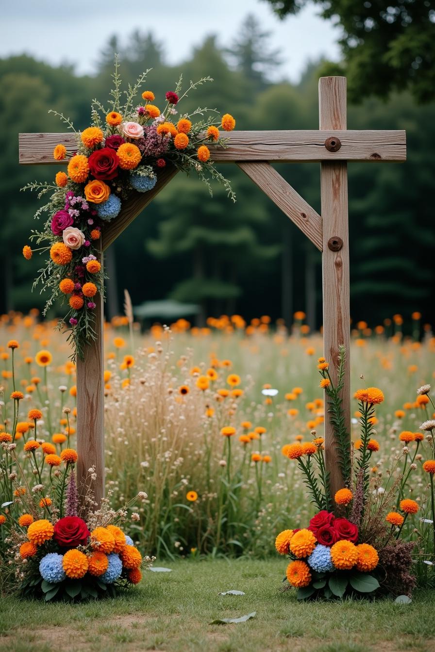 Wooden arch adorned with vibrant wildflowers