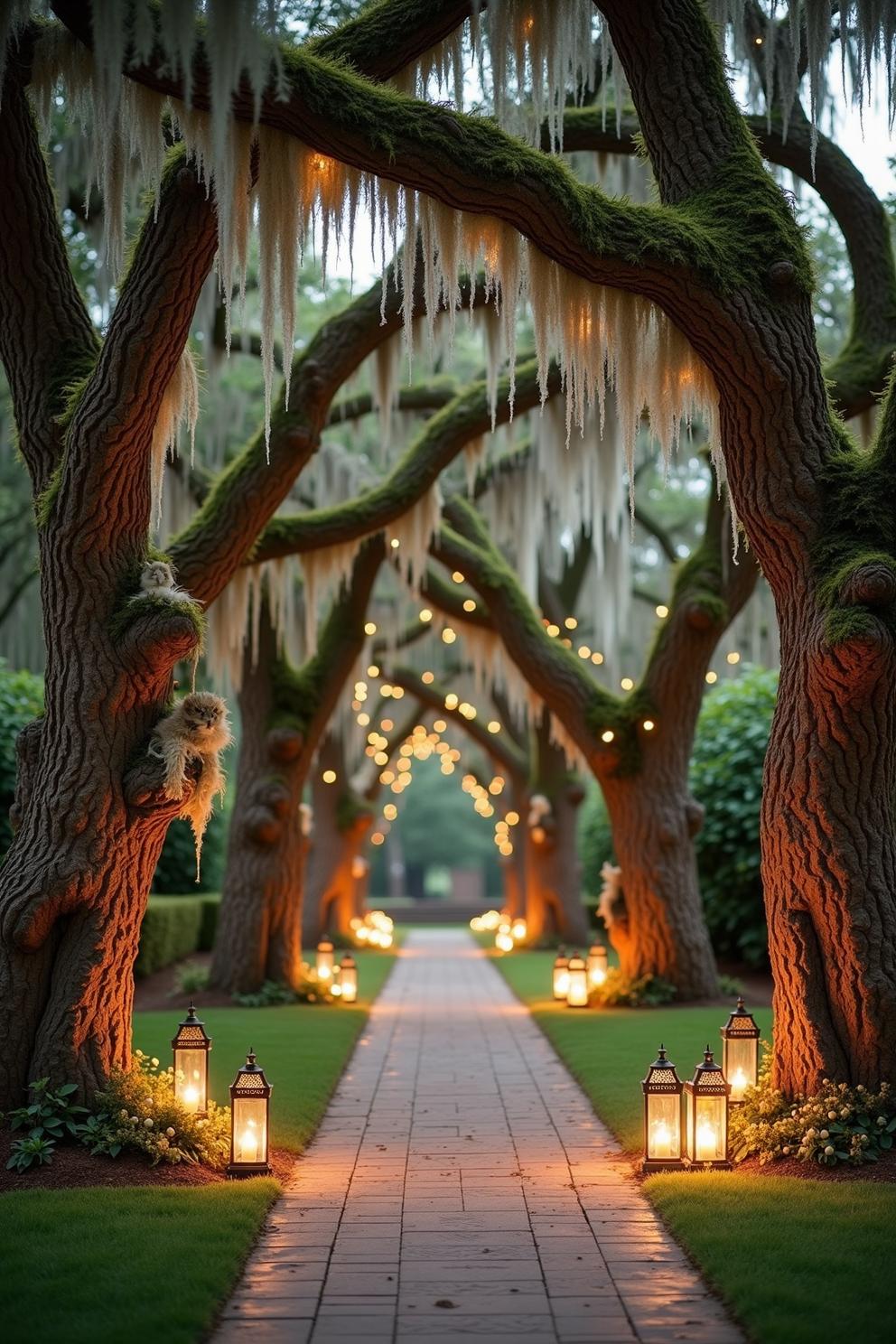 Pathway with Glowing Lanterns Under Tree Canopy