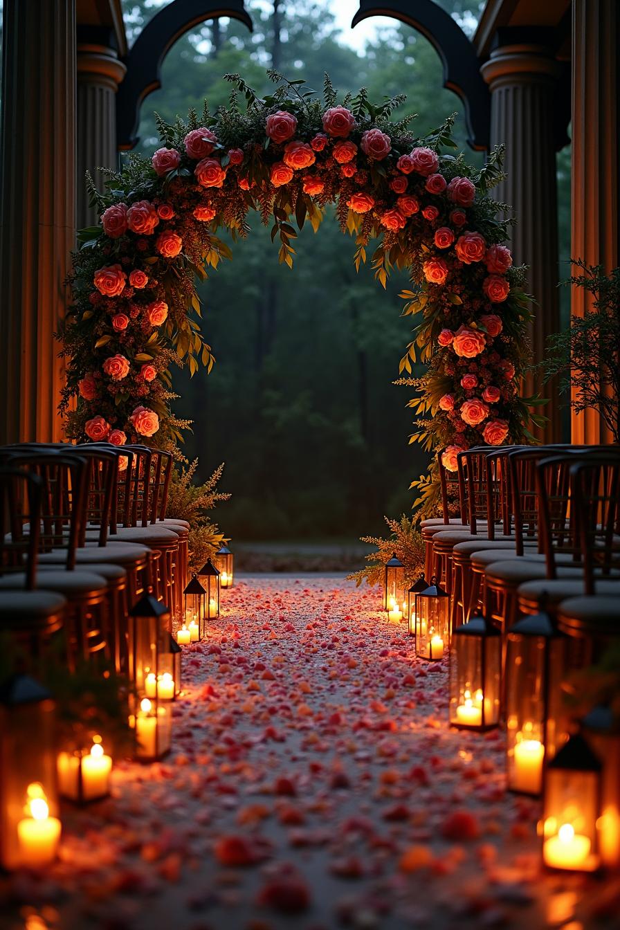 Dark fairytale wedding aisle with floral arch and lanterns