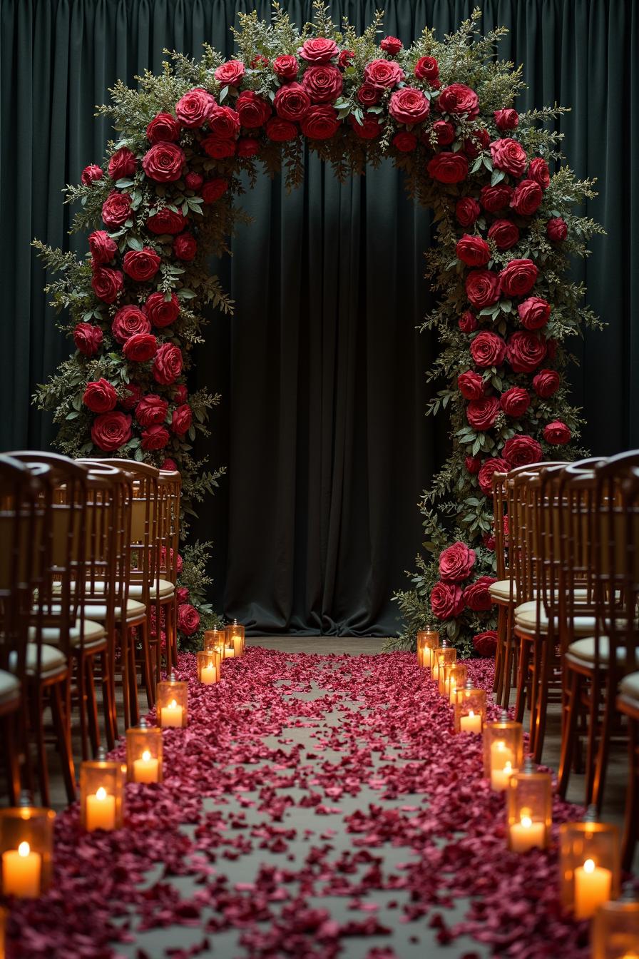 Aisle with red roses and glowing lanterns