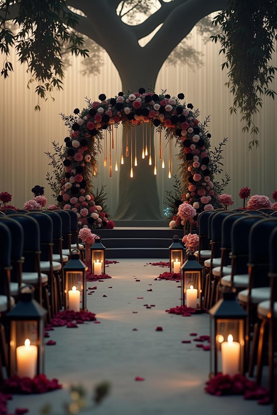 A floral arch with hanging lights and candlelit aisle