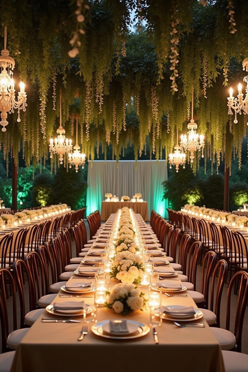 Chandeliers with flowers and a long dining table