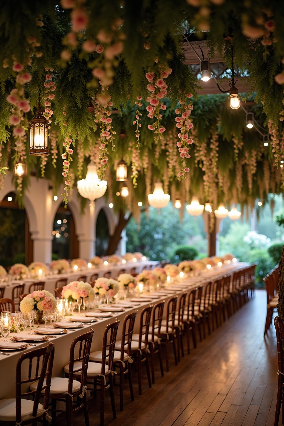 Elegantly decorated wedding tables under floral canopy