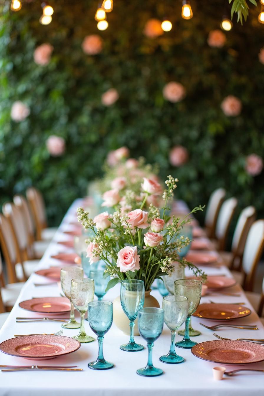 Long table with floral centerpiece and elegant table settings