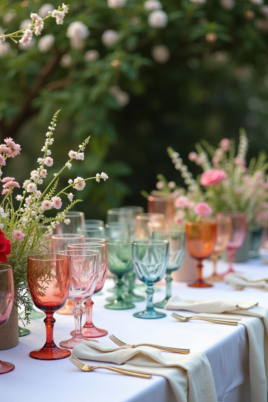 Colorful glassware and wildflowers on a table