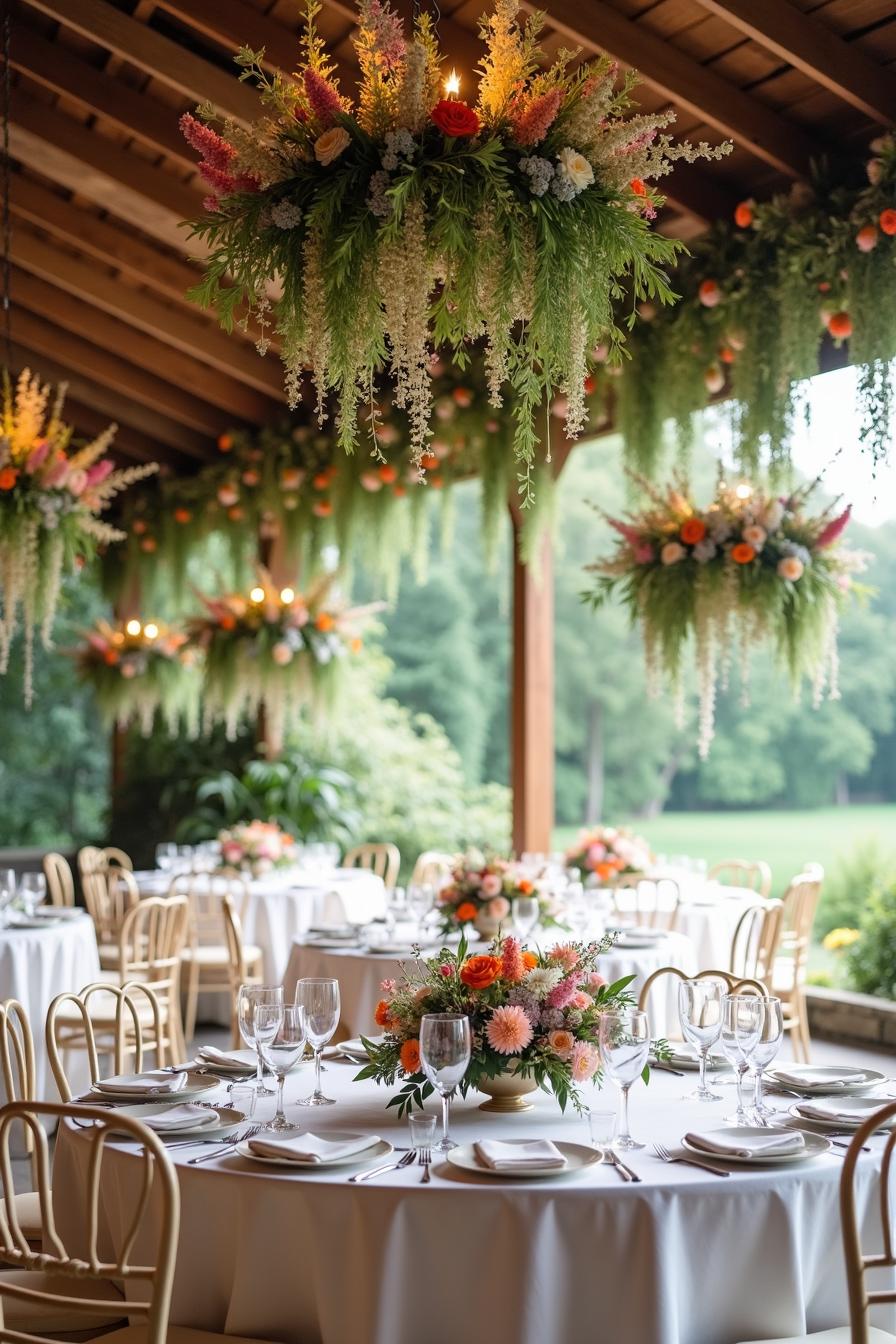 Blooming chandeliers hang over elegantly set tables