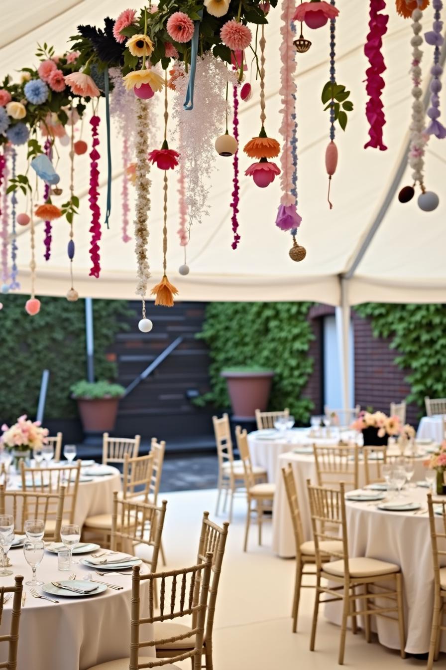 Colorful floral strings hanging over elegant round tables