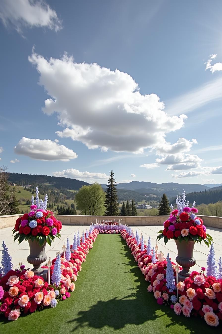 The wedding decor embodies a summer wildflower theme featuring vibrant floral arrangements in shades of pink blue and coral. The aesthetic is fresh