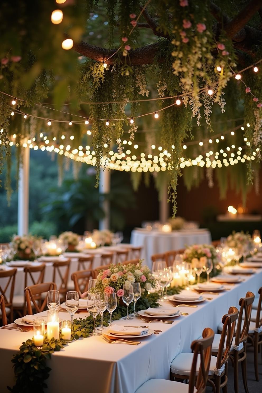 String lights twinkle above an elegant wedding table