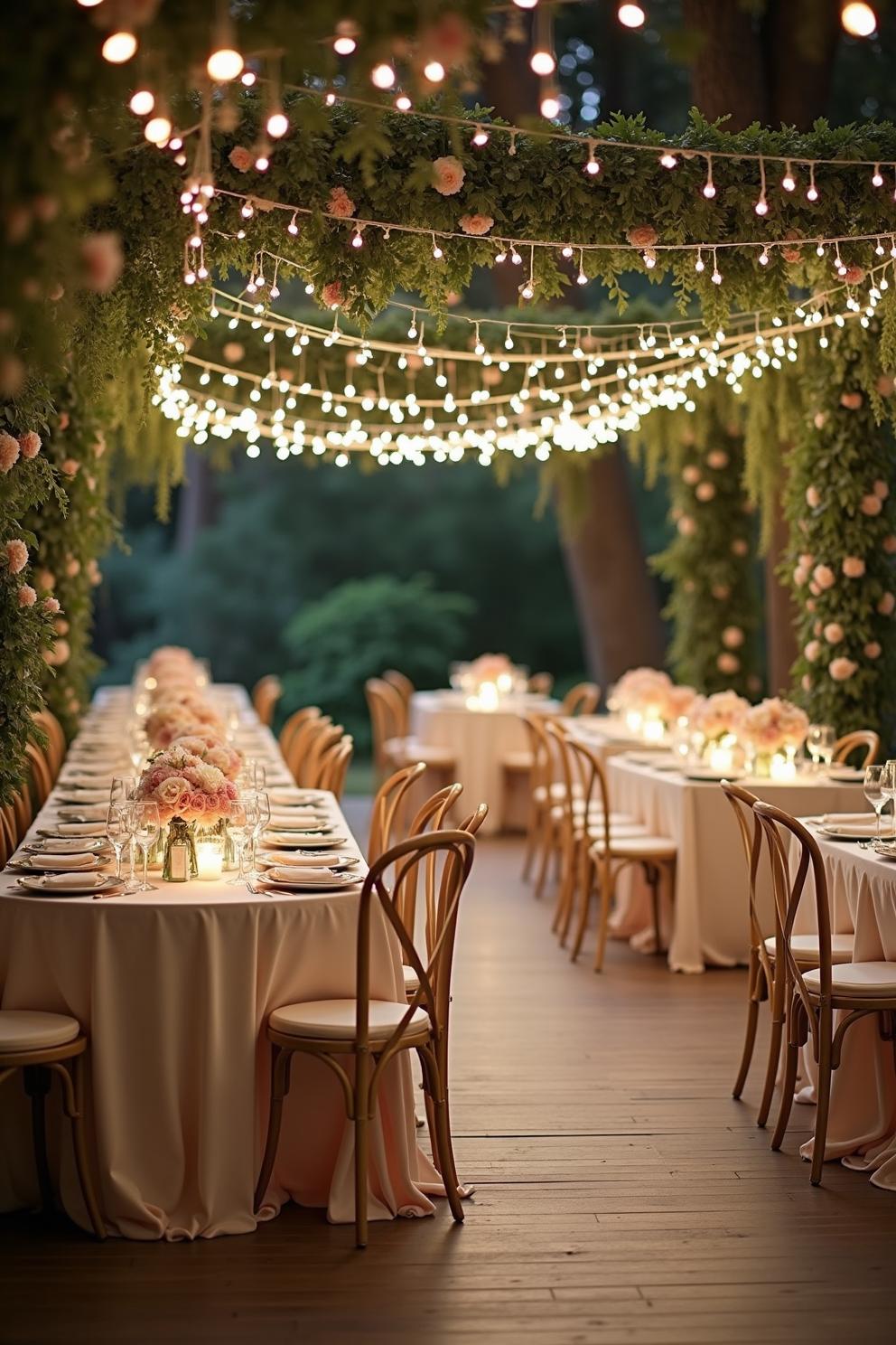 Rows of tables under twinkling lights and lush greenery