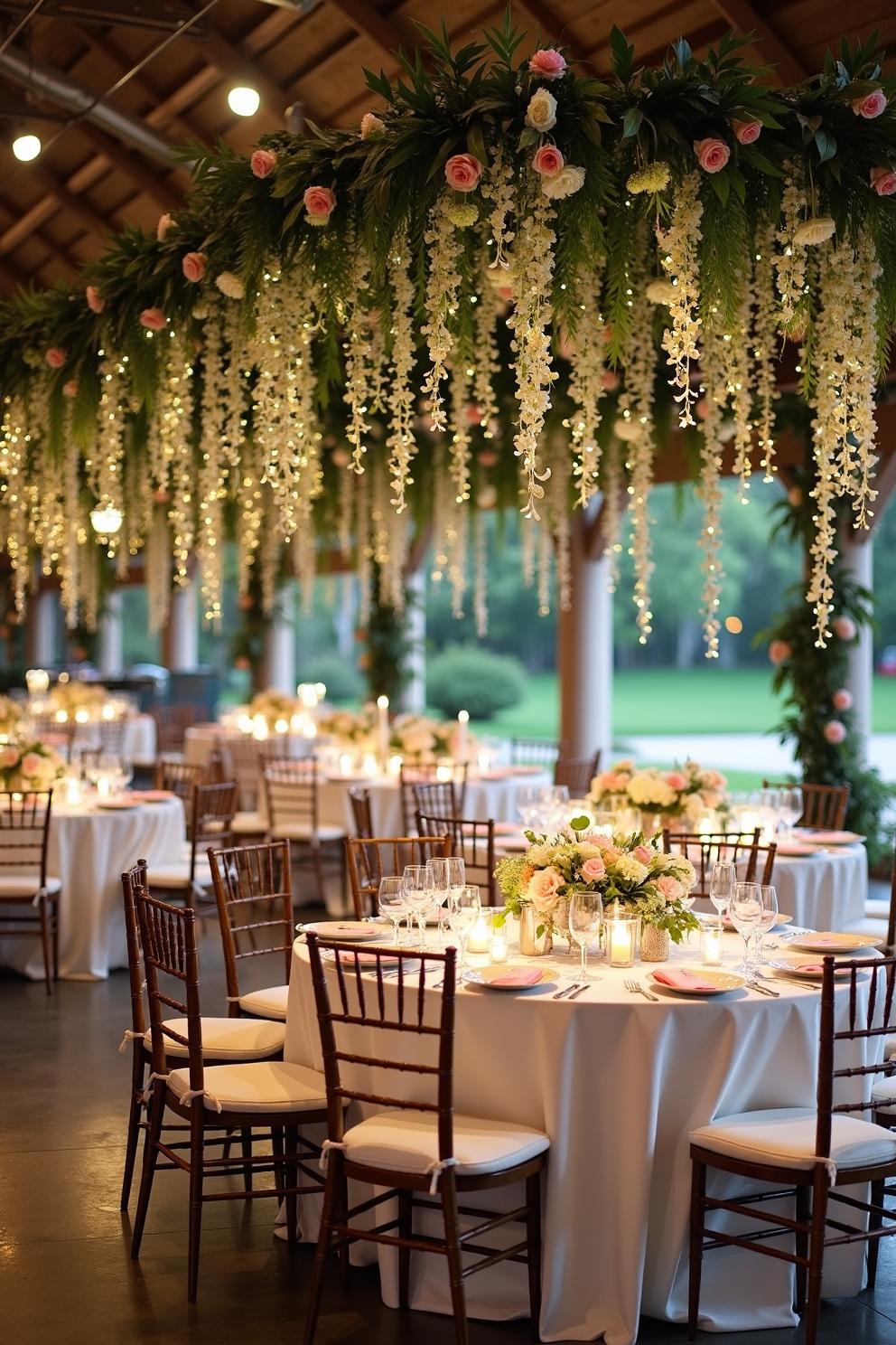 Elegant wedding reception with floral ceiling decor