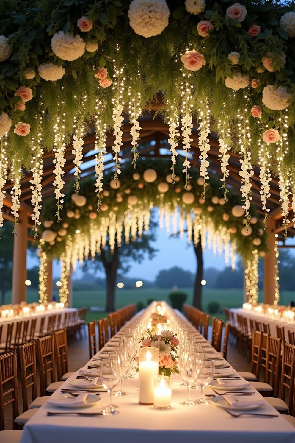 Long table under a canopy of lights and flowers