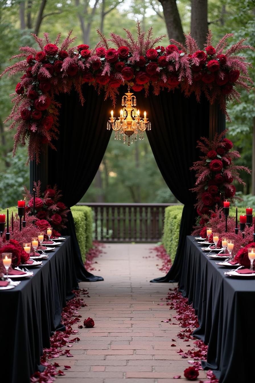 A brick aisle bordered with black tables and red roses