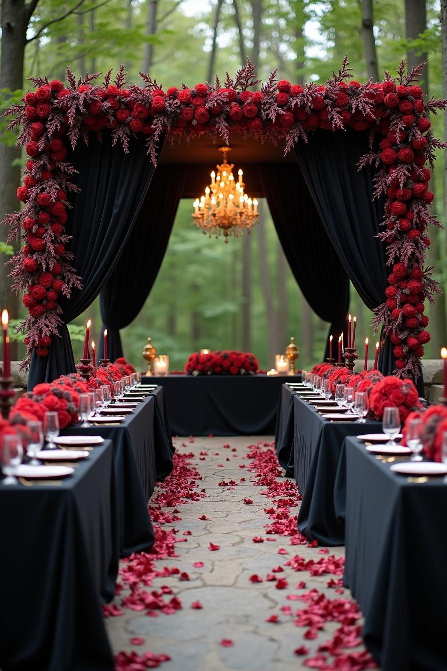 Chandelier-lit floral archway with red arrangements