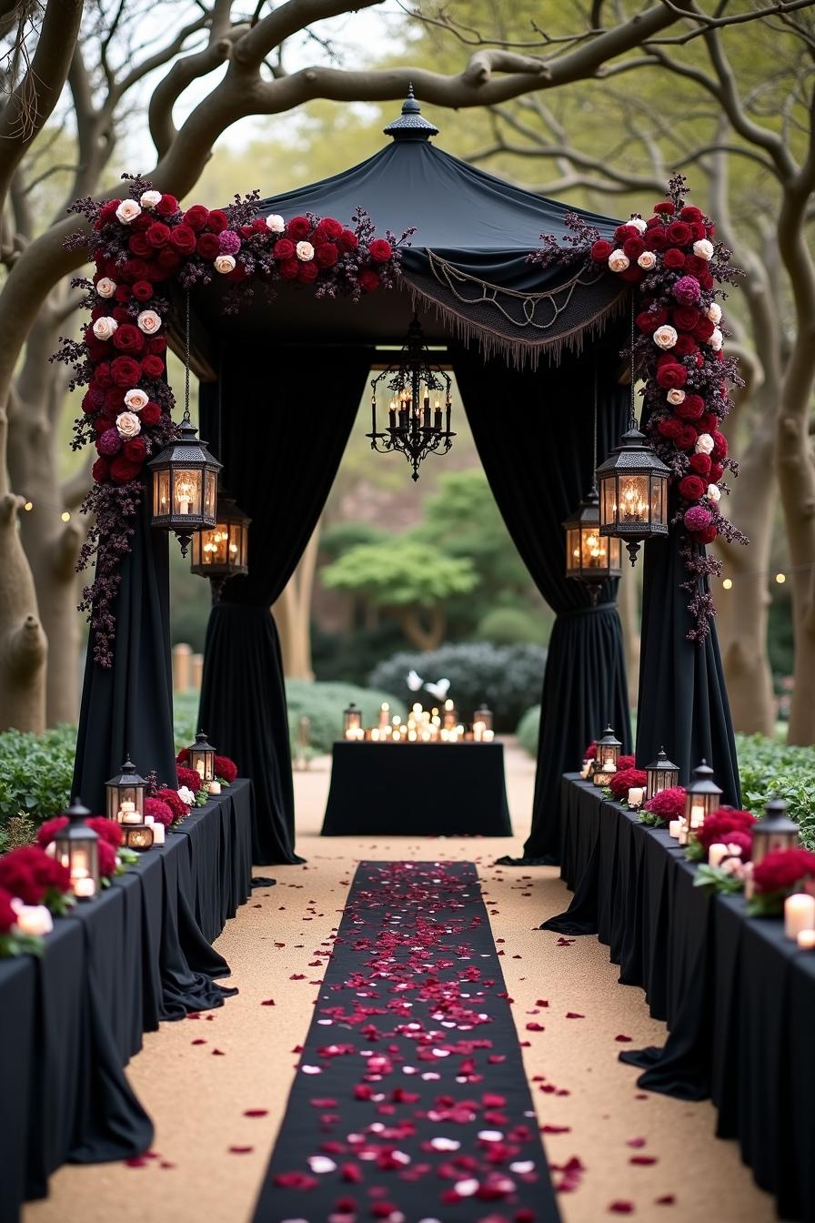 Black draped archway with red roses and lanterns