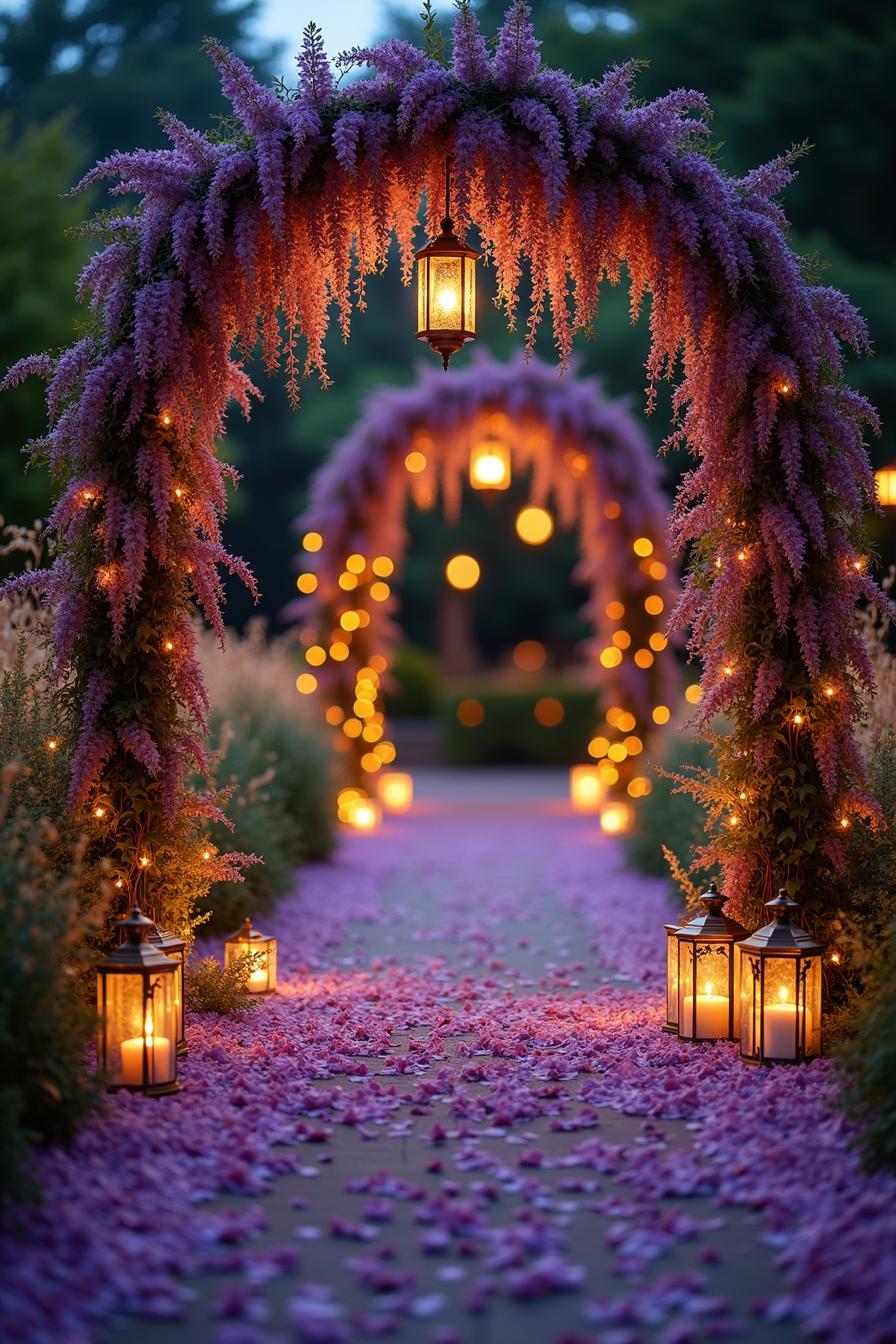 Pathway adorned with lanterns and purple flowers