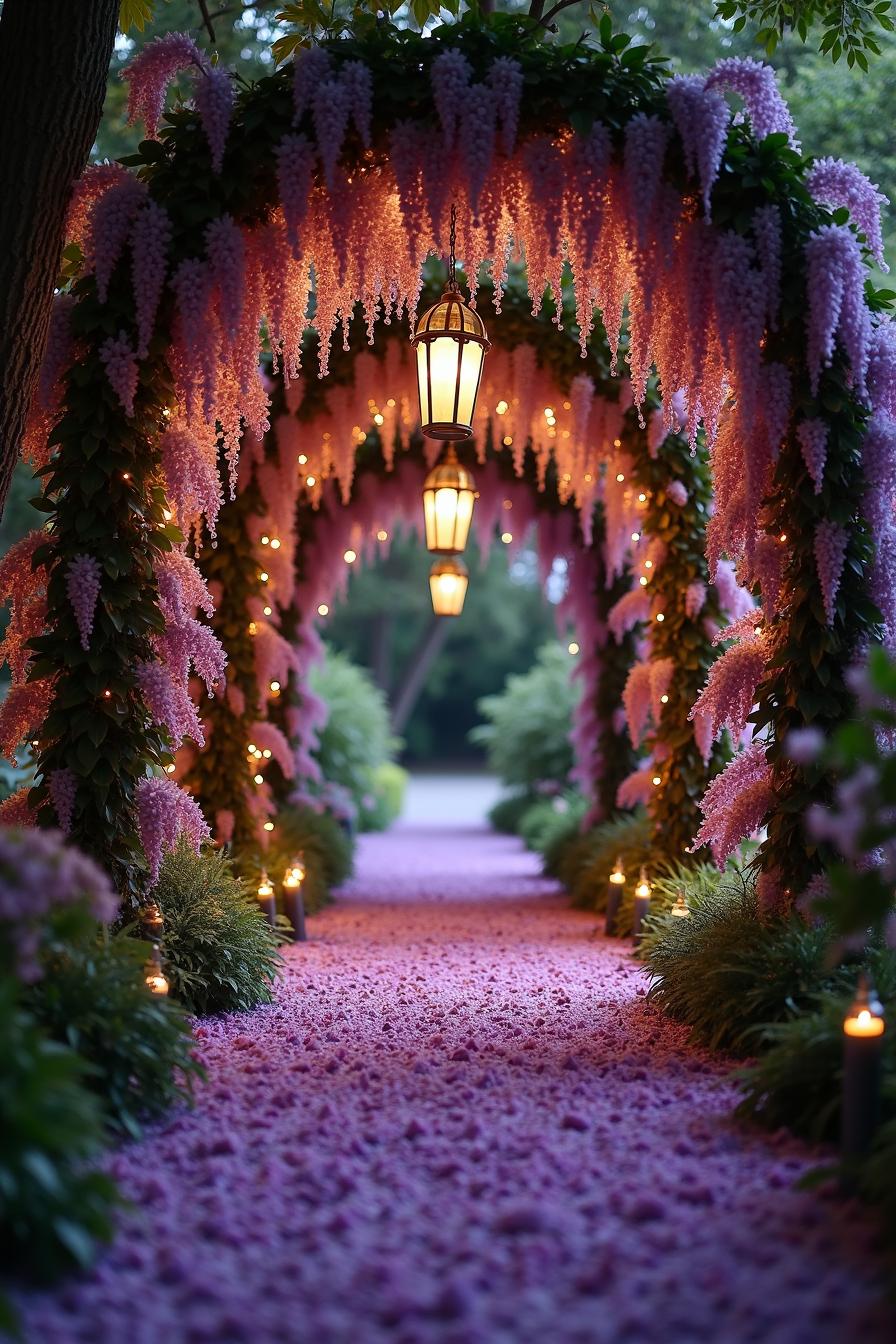 Flower-laden archway with hanging lanterns