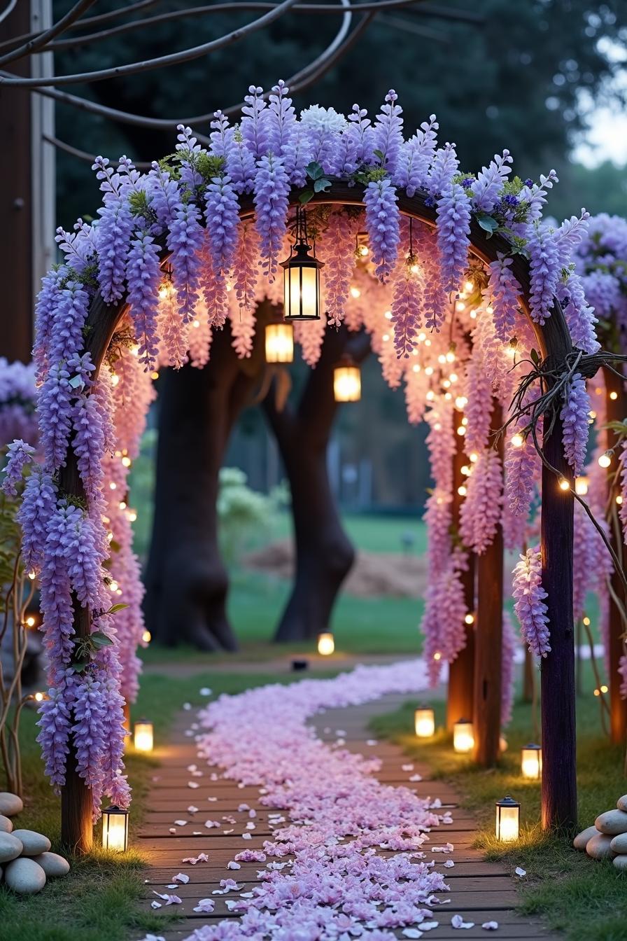 Lavender arch surrounded by lanterns and petals