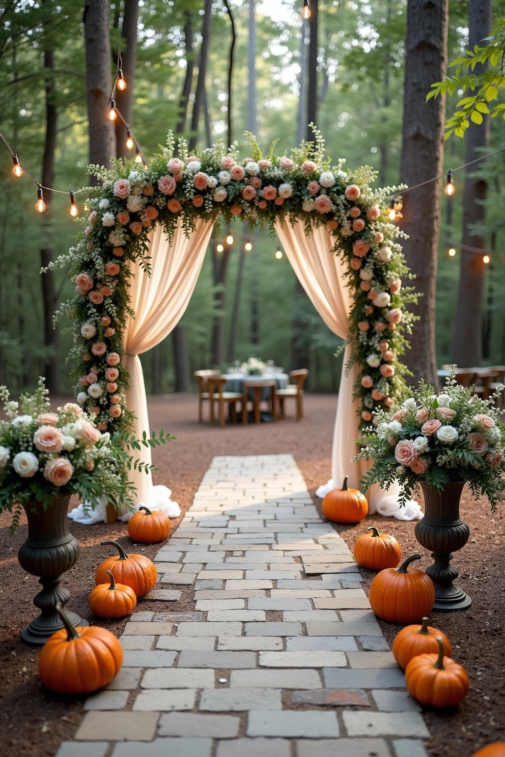 Floral archway in a forest setting with pumpkins