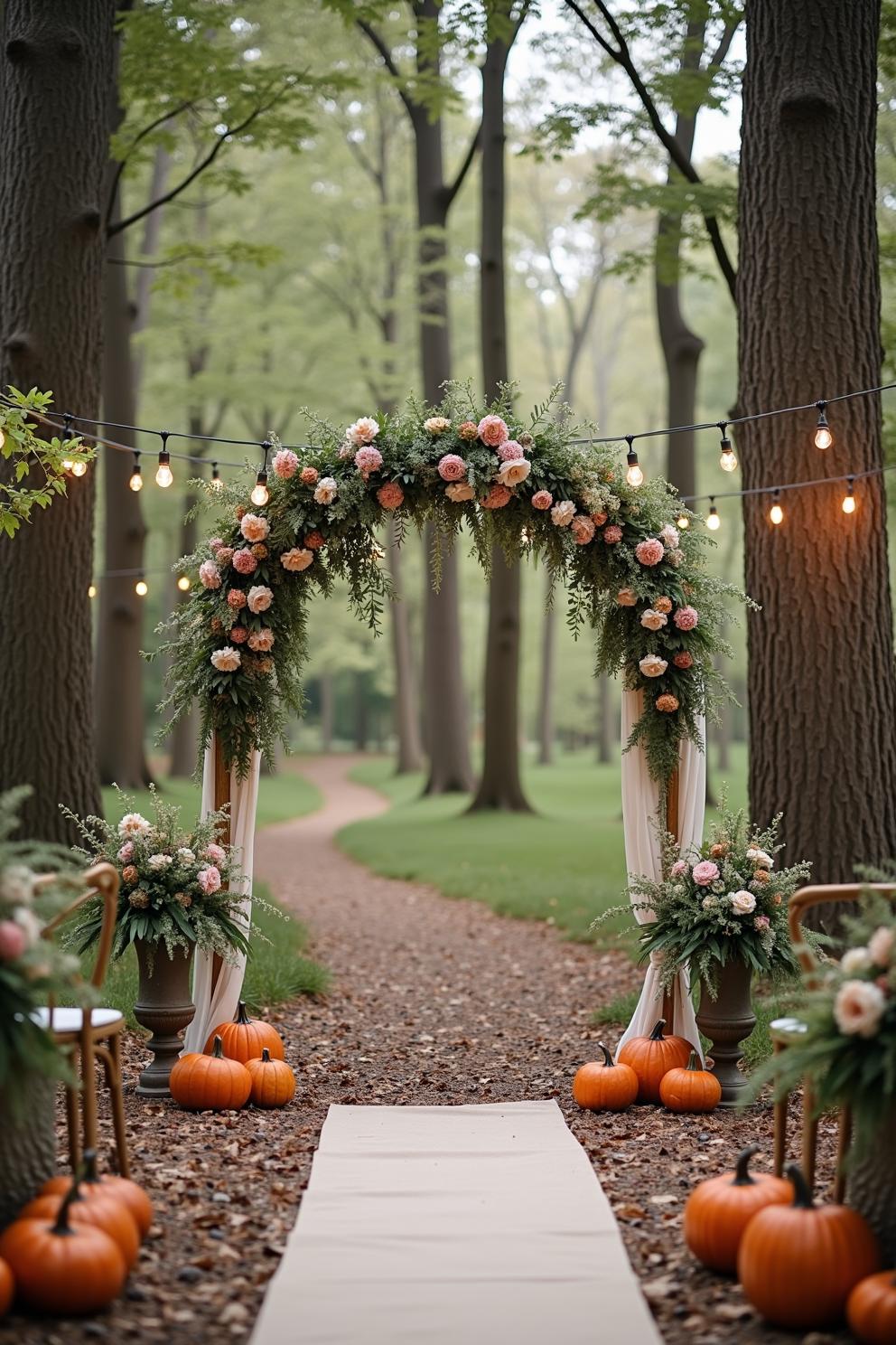 Floral arch under string lights in a forest wedding setup