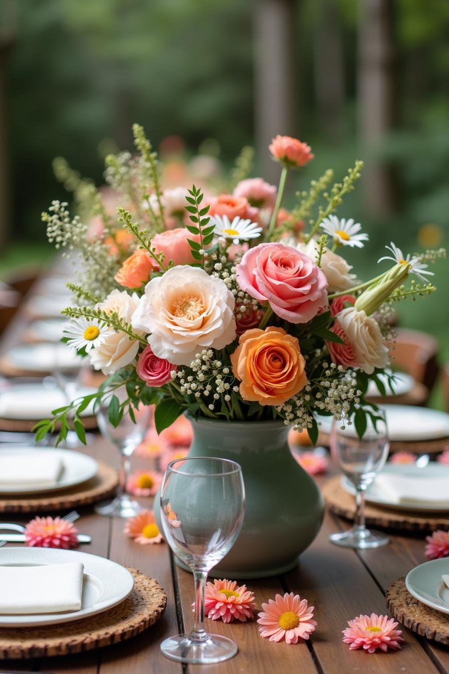 Colorful floral centerpiece with pink and orange roses