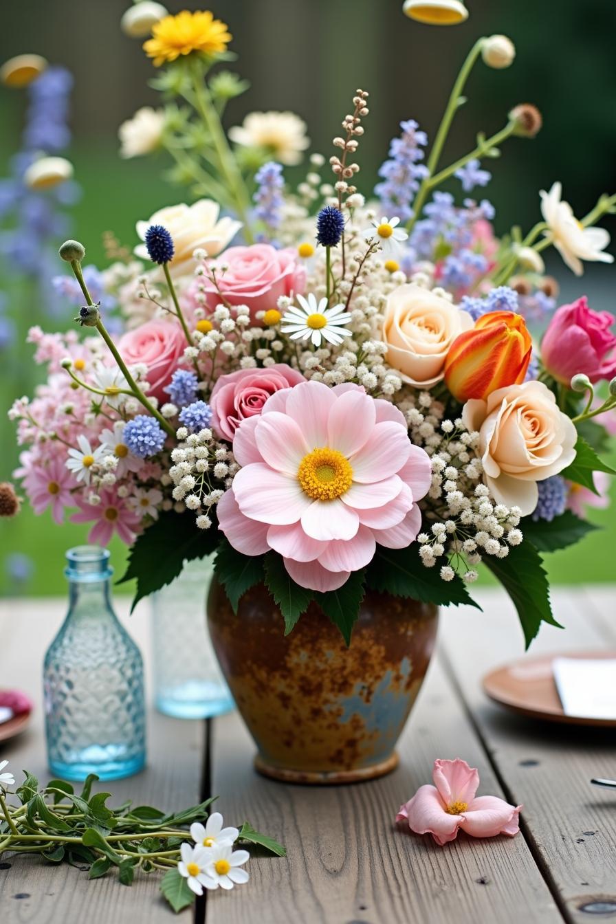 Colorful wildflower arrangement in a rustic vase on a wooden table