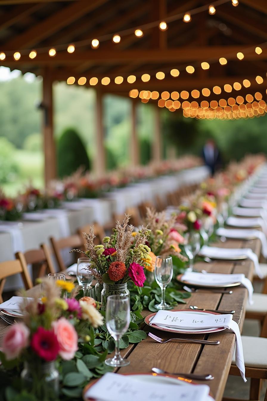 Long table with wildflower centerpieces and string lights