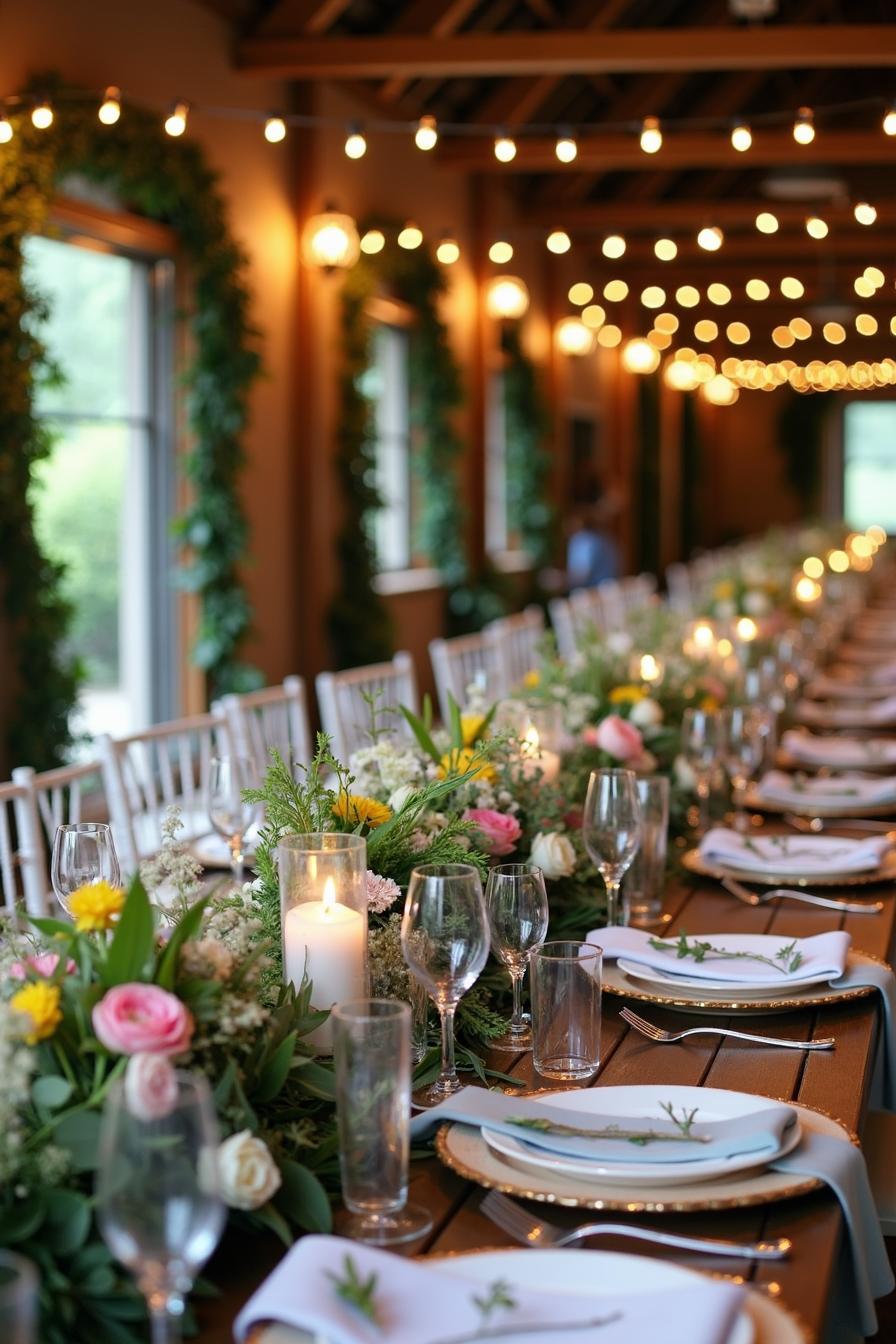 Rustic banquet setup with candles and flowers