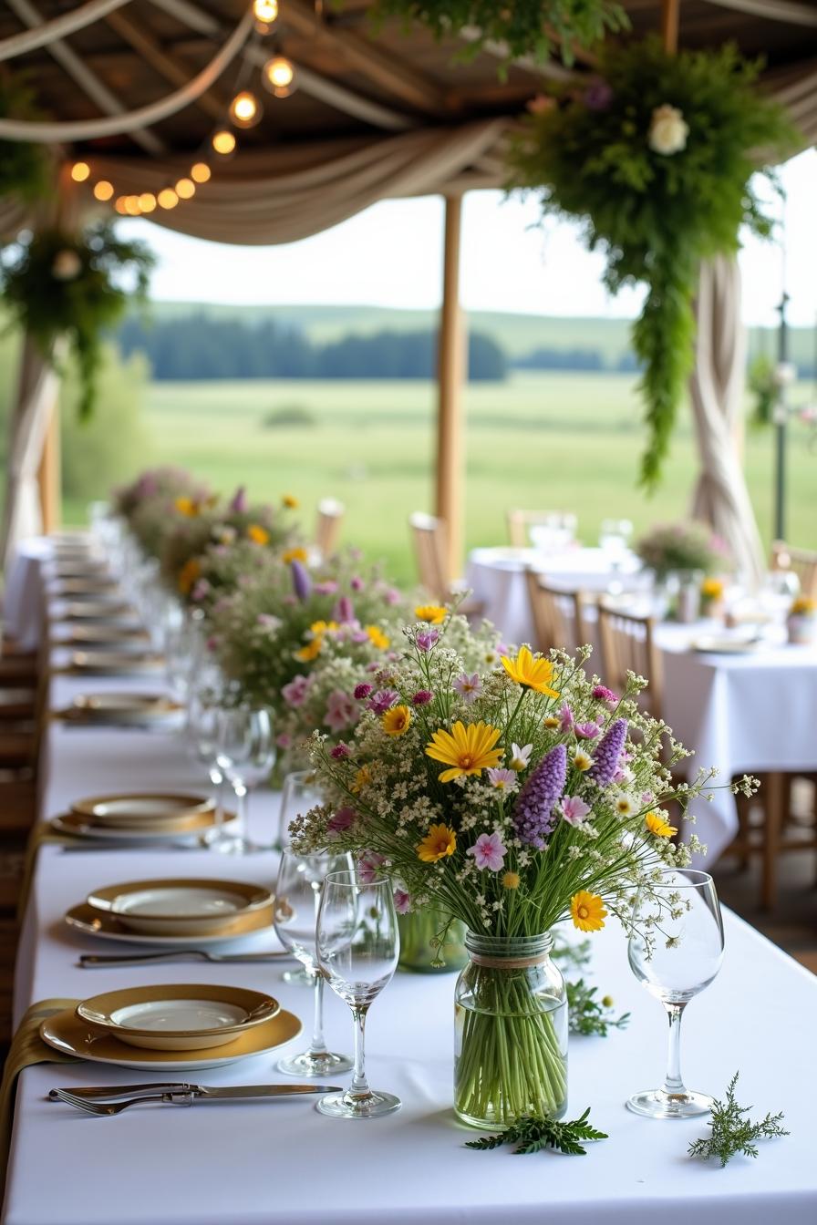 Long table with vibrant floral centerpieces in a rustic setting