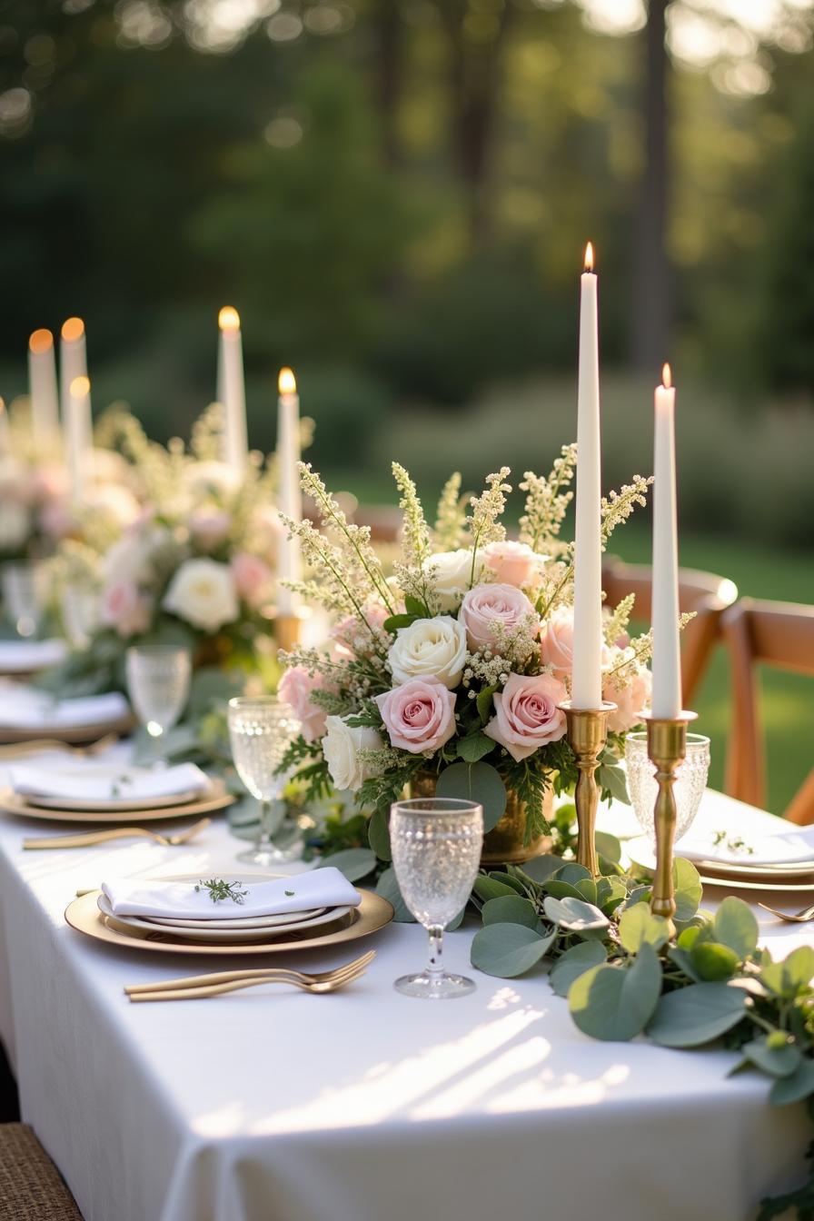 Elegant wedding table setting with floral centerpieces and candles