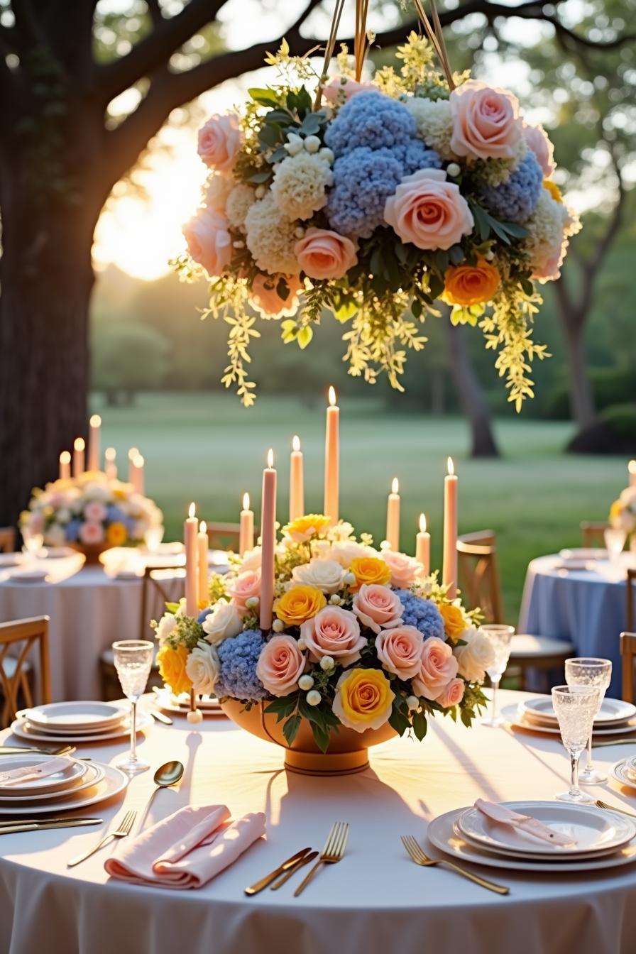 Floral centerpiece with candles on wedding table