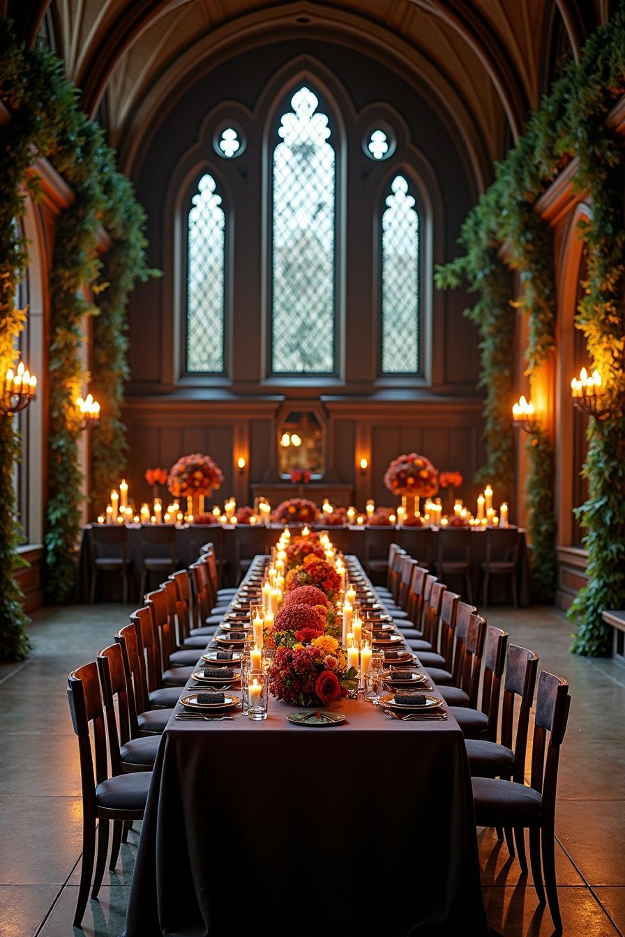 Long table in an ornate hall adorned with flowers and candles