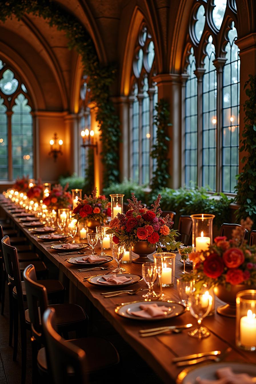 Long table with candles and floral centerpieces in a dimly lit hall