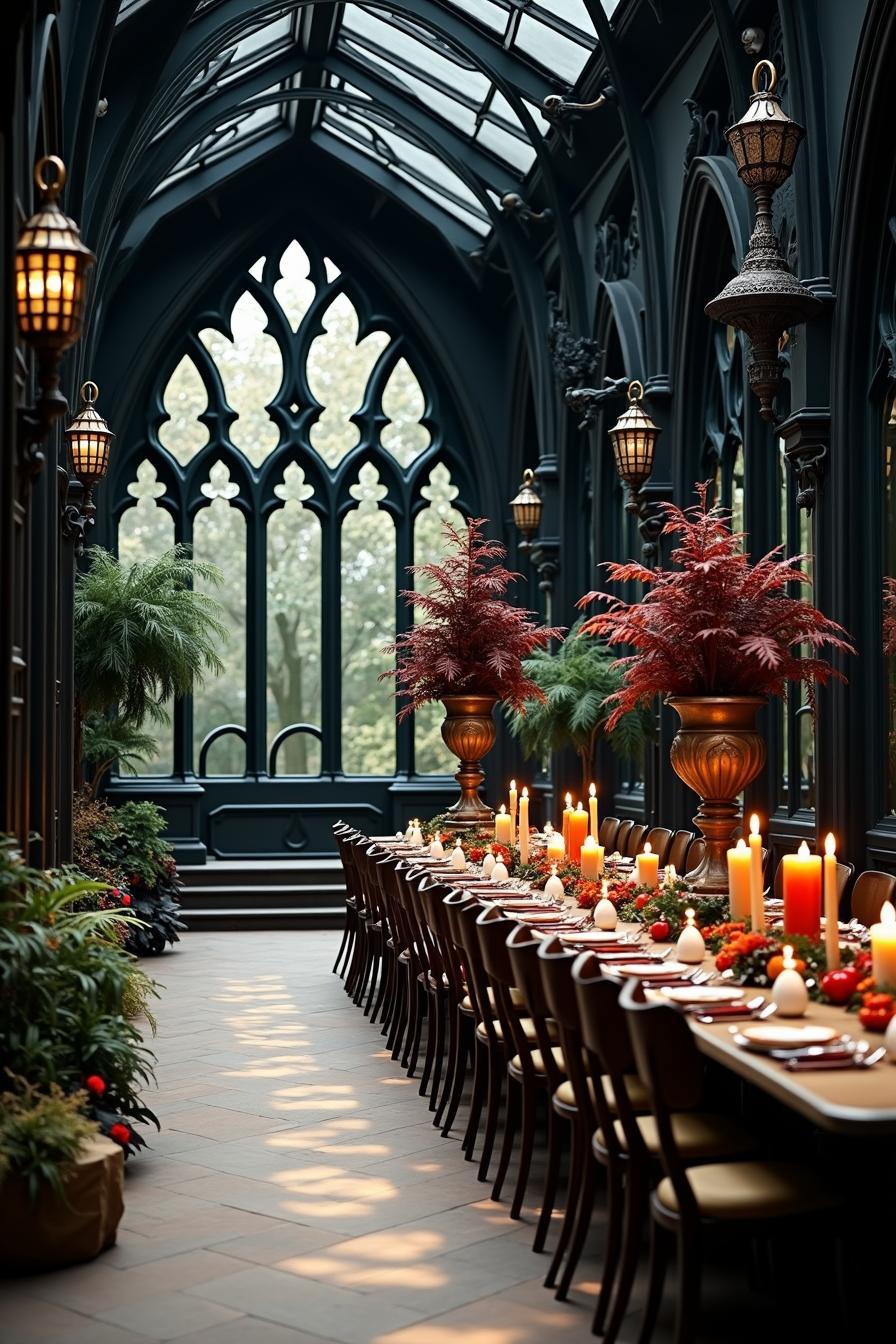 The wedding decor embodies a dark fairytale theme set within a gothic inspired venue characterized by grand arched windows and intricate wrought iron