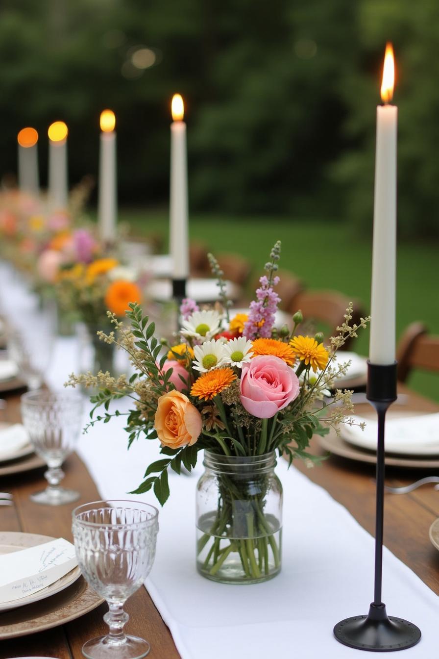 Colorful wildflower arrangement with candles on a wooden table