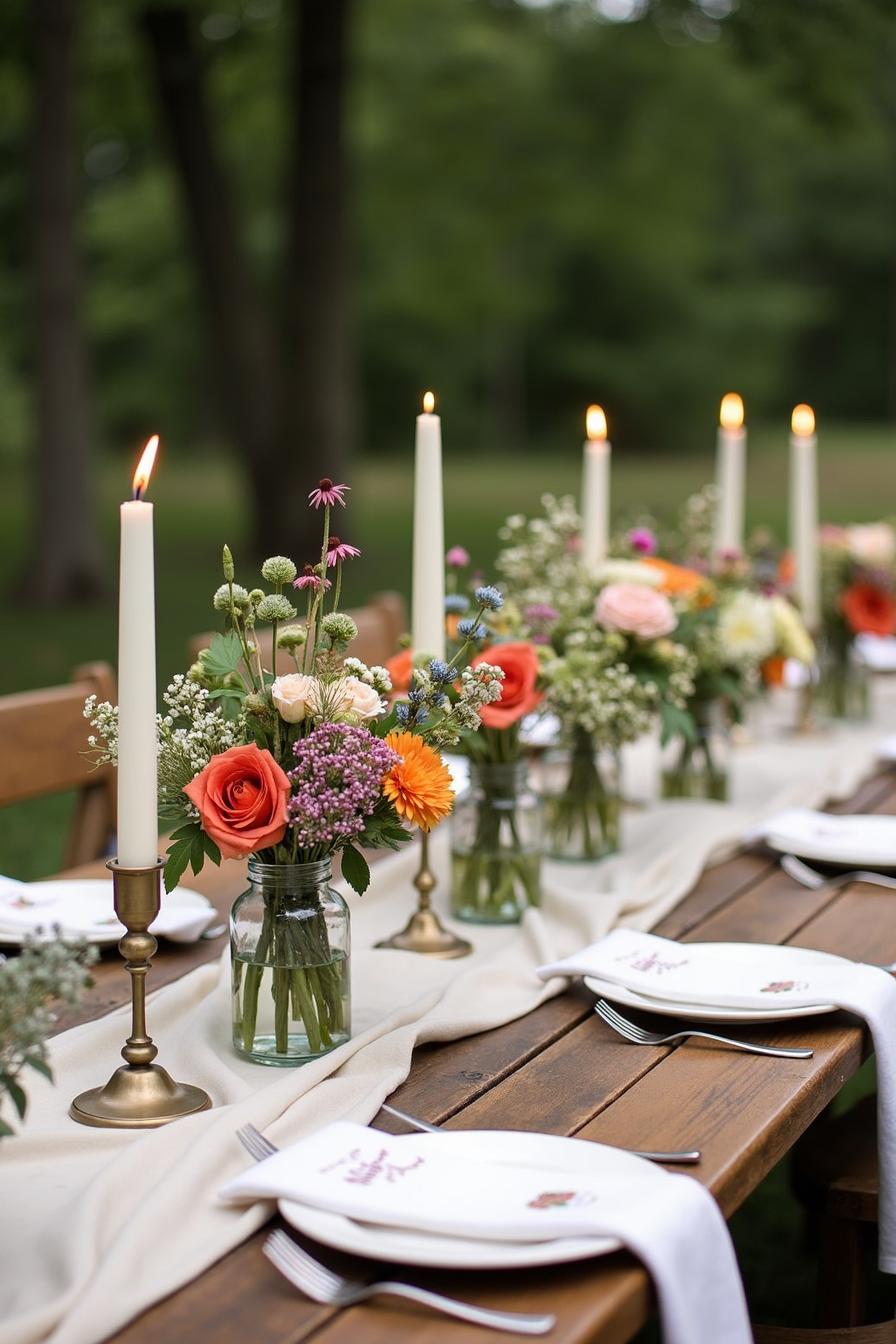 Outdoor table setting with candles and wildflower arrangements