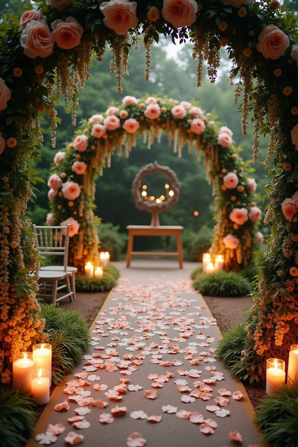 Floral arch with candlelit path