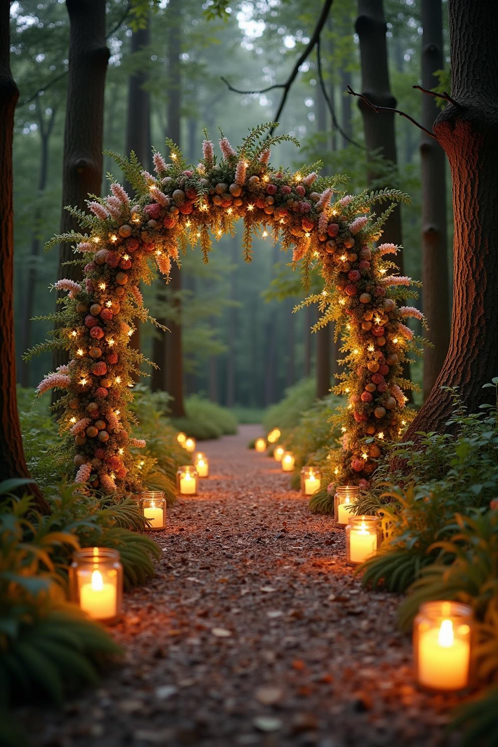 Glowing pathway with floral arch and candles