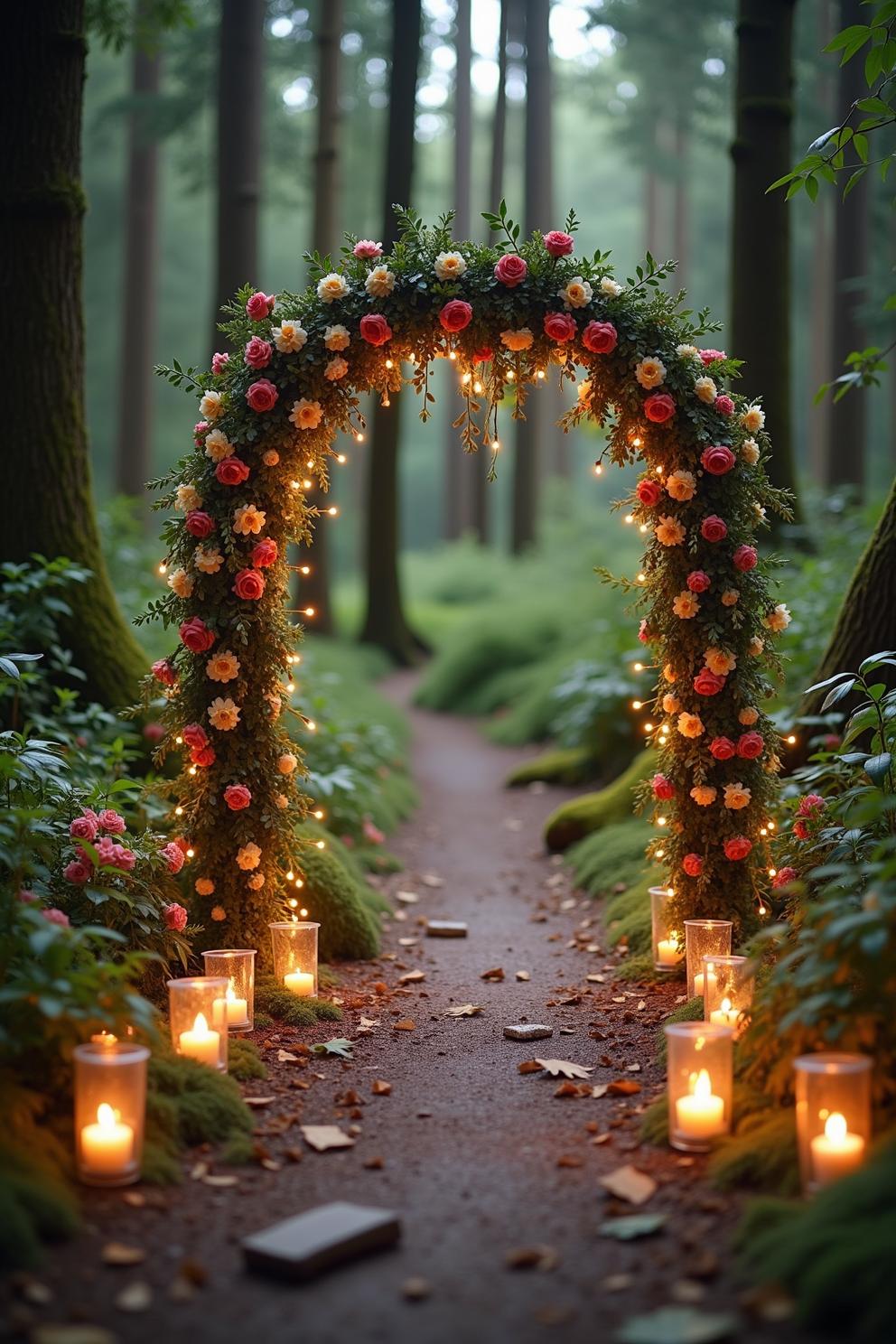 Floral archway in an enchanted forest with glowing candles