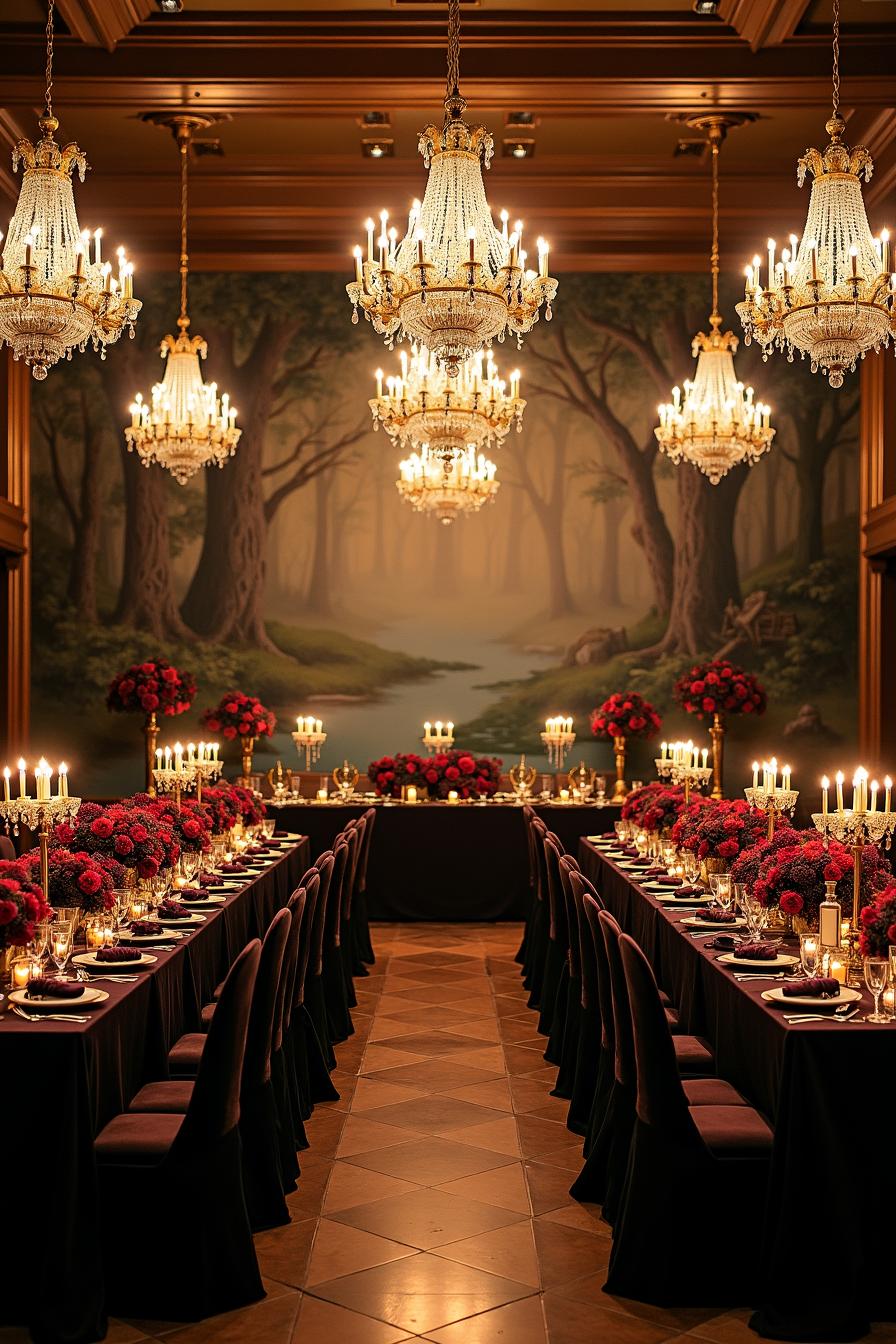 Elegant ballroom decorated with chandeliers and floral arrangements